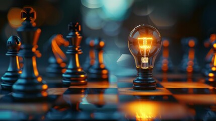 A glowing light bulb placed among chess pieces on a reflective board, symbolizing the idea of strategic thinking and creativity