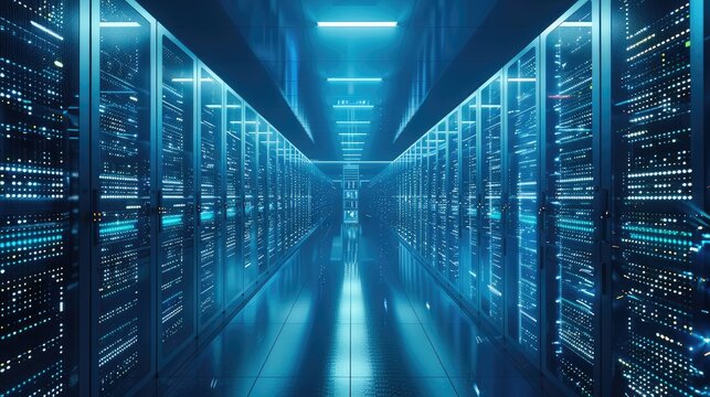 A modern data center with rows of servers with lots of flashing lights, with a wall display in the distance of large monitors depicting a network operations control center, blue tones. Generative AI.