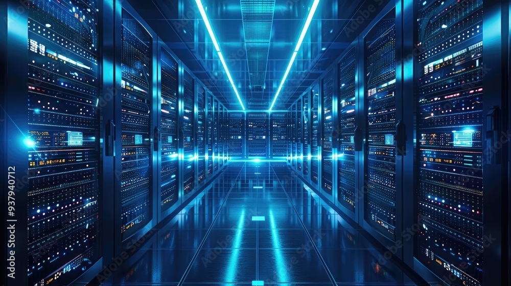 Aufkleber A modern data center with rows of servers with lots of flashing lights, with a wall display in the distance of large monitors depicting a network operations control center, blue tones. Generative AI.