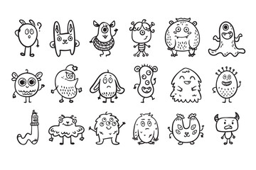 Monster alien doodle set, funny and cutes monster, hand drawn cartoon line monsters.