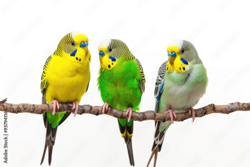 Poster three colorful parakeets perched on a branch