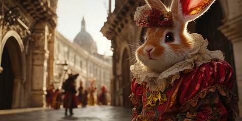 Enchanting Renaissance Rabbit Portrait: AI-Generated Zodiac Art for Year of the Rabbit. Whimsical Animal Character in Historical Attire for Creative Marketing. Elegant Abstract Design Perfect for Part