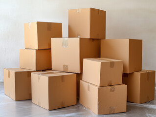 Stacked cardboard boxes in a modern living room, suggesting moving or delivery, with natural light streaming in. Ideal for themes of relocation, organization, or home improvement.