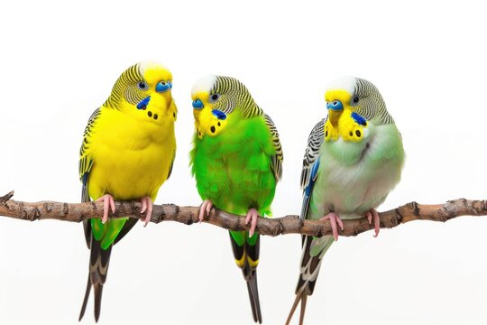 Three colorful parakeets perched on a branch
