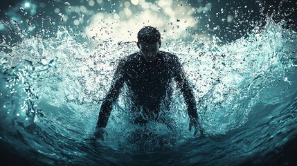 Fototapeta premium A silhouette of a person emerging from water, capturing the dynamic energy of splashes in a dramatic, moody atmosphere.