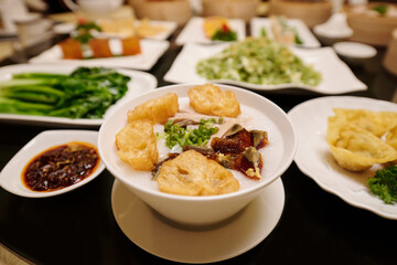 Close-up of soup with delicacy on table in the restaurant