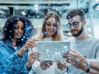 Diverse Team Collaborating on Digital Tablet with Network Connection