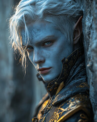 mysterious drow warrior with icy blue skin and white hair, leaning against a wall in a dimly lit corridor, wearing intricate dark armor, intense gaze