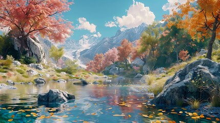 A serene landscape with vibrant autumn foliage, a calm river, and majestic mountains in the background.