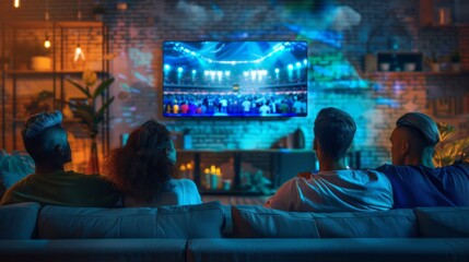 A group of people are watching a sports game on a television in a living room