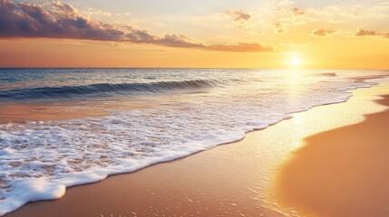 A serene sunset over a tranquil beach, waves gently lapping at the golden shore, creating a peaceful atmosphere.