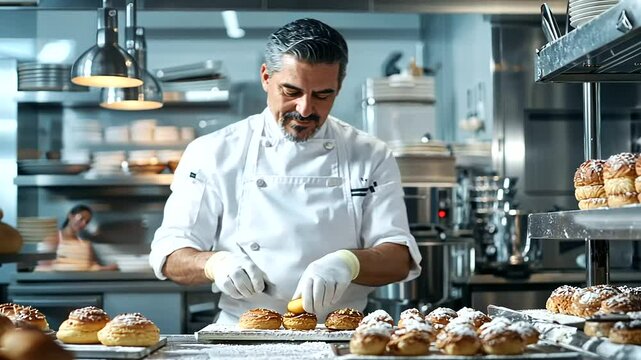 A handsome Latin chef expertly baking pastries in a bustling commercial kitchen, surrounded by gleaming appliances and ingredients, showcasing his skill and precision in creating delicious treats