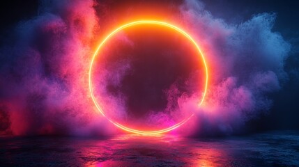 Neon Circle with Sparkling Bokeh and Digital Smoke Effects