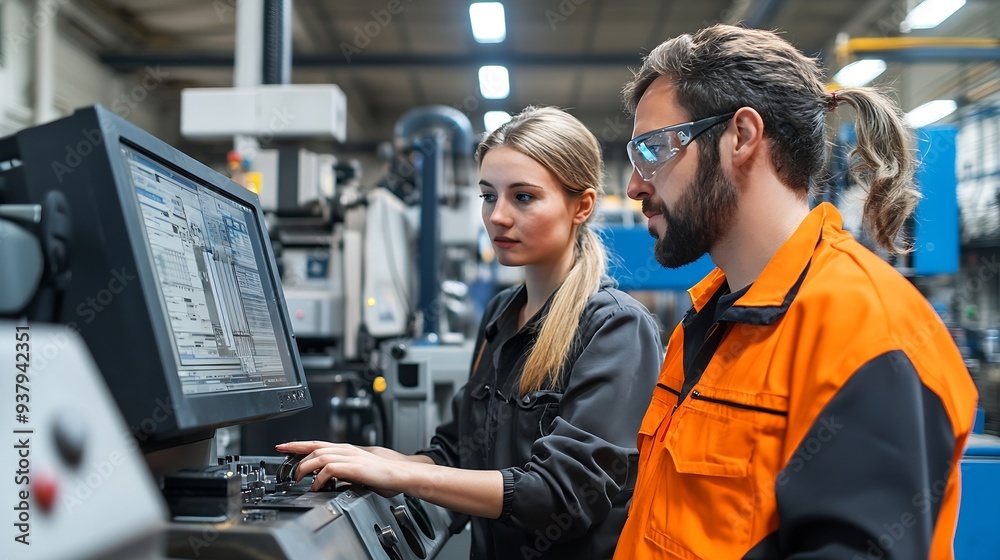 Aufkleber factory apprenticeship man mentor teaching female employees trainee operating machine looking monito