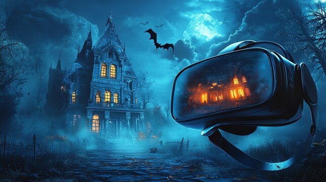 A spooky virtual reality scene featuring a haunted house, bats, and an eerie atmosphere for Halloween lovers.