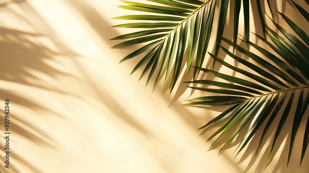 Poster Natural palm leaf shadow on light beige sandy color background banner with copyspace Summer minimal concept daylight in sunny day top view plant sun shade nature environment pattern ne : Generative AI