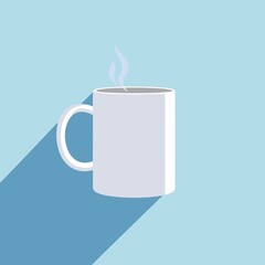 a white mug with a white handle and a blue background with a white smoke in the top right corner.