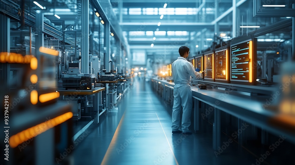 Poster Worker following factory production line uses screens with industry Internet of things Smart factory digital transformation : Generative AI