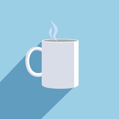 a white mug with a white handle and a blue background with a white smoke in the top right corner.