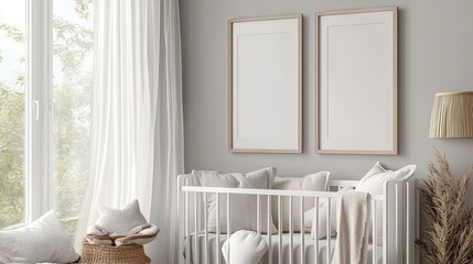 Modern Nursery Design: Elegant White Crib with Decorative Pillows, Blank Frames, and Natural Light - Perfect for Stylish Home Decor or Nursery Wall Art Poster