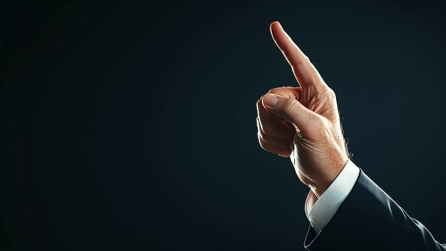 businessman's hand pointing up, highlighting his assertive gesture during a scene or meeting, symbolizing leadership and the conveyance of a key point