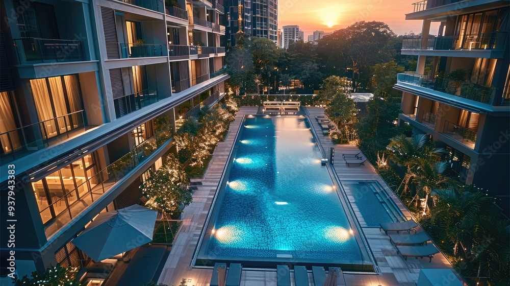 Aufkleber modern condominium with luxurious amenities like a swimming pool and gym. generative ai.