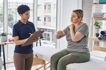 Physiotherapy, shoulder pain or woman consulting for injury, wellness or osteoporosis for chiropractor. Checklist, clipboard or client explaining to physiotherapist for rehabilitation service or help