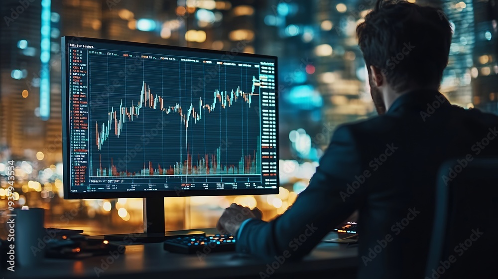 Aufkleber Colleagues in corporate setting analyze market data while examining a digital stock chart displayed on a monitor Concept of business entrepreneurship trade market economics finances : Generative AI