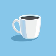 a white mug with a white handle and a blue background with a white smoke in the top right corner.