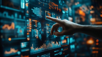 Fototapeta premium Businessman touching on financial data and economic growth graph chart Business planning and strategy business solution Finance analyst analysing trading of exchange digital marketing : Generative AI