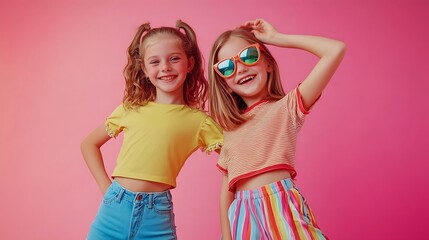 Two girls 1011 years old in fashionable colorful summer clothes posing cheerfully on a pink studio background Fulllength portrait Childrens fashion Active happy kids : Generative AI