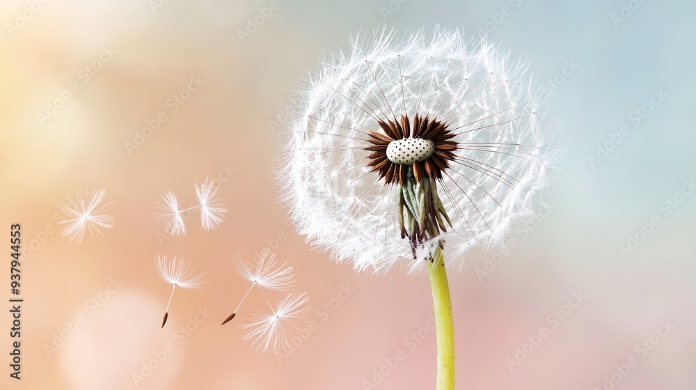 Sticker Dandelion Seeds on a Soft Background.