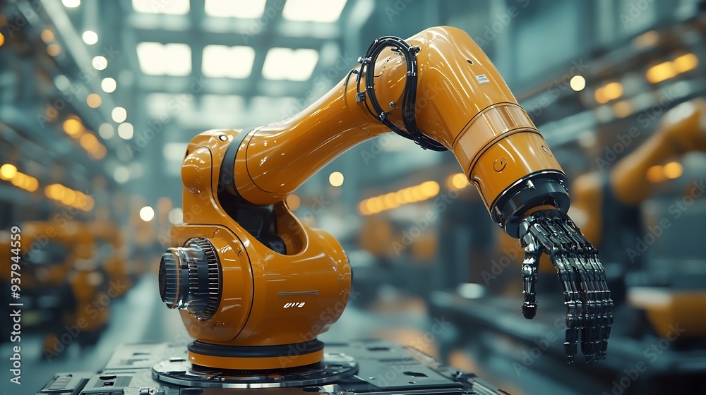 Poster MLP Mechanized industry robot arm and factory worker double exposure Concept of robotics technology for industrial revolution and automated manufacturing process : Generative AI