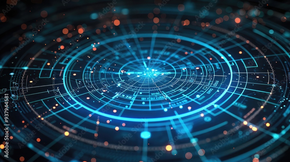 Aufkleber Close-up of an electronic radar screen with blue lines and dots on the map representing flying objects. The background is dark gray, creating a contrast between light and dark. Generative AI.