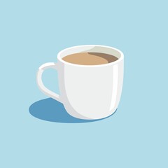 a white mug with a white handle and a blue background with a white smoke in the top right corner.