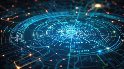 Close-up of an electronic radar screen with blue lines and dots on the map representing flying objects. The background is dark gray, creating a contrast between light and dark. Generative AI.