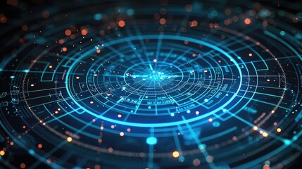 Close-up of an electronic radar screen with blue lines and dots on the map representing flying objects. The background is dark gray, creating a contrast between light and dark. Generative AI.