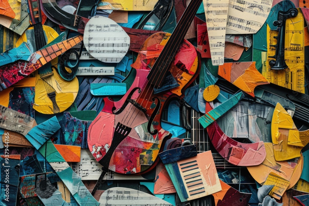 Poster Close-up view of a guitar surrounded by music notes
