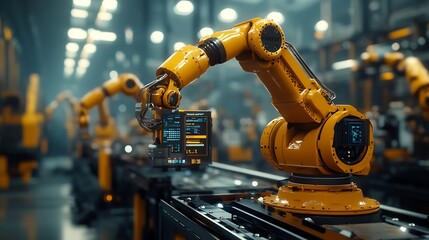 MLP Smart industry robot arms for digital factory production technology showing automation manufacturing process of the Industry 40 or 4th industrial revolution and IOT software to con : Generative AI