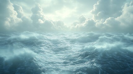 A dramatic seascape with turbulent waves and a cloudy sky.