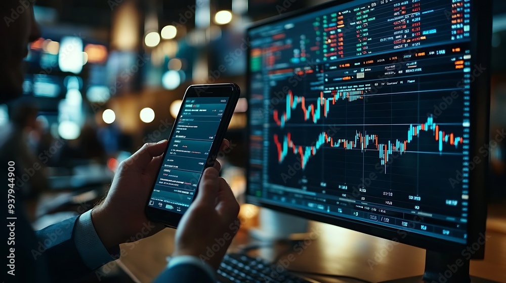 Aufkleber Focusing on phone with discussing dynamic stock market in two business traders online website compare with pc screens in real time currency rate investment on risk data at modern offic : Generative AI