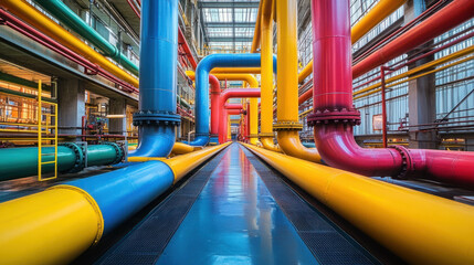 Industrial Pipelines,  Vibrant and colorful industrial pipelines are arranged in a modern facility, showcasing the intricate design of contemporary infrastructure