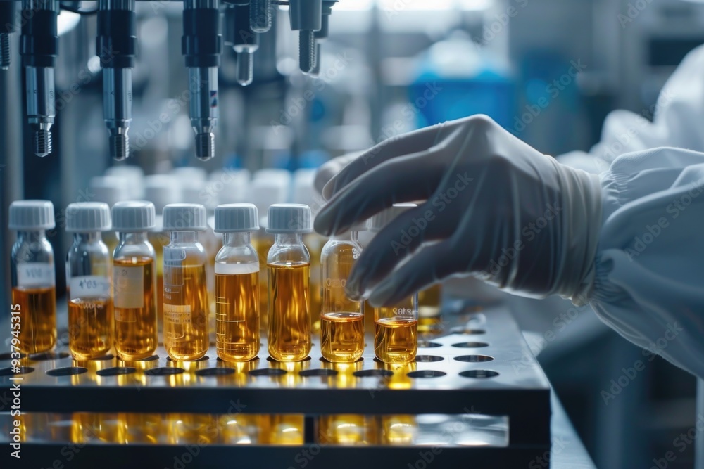 Poster scientist in lab coat and gloves works on a machine, likely conducting an experiment or maintenance