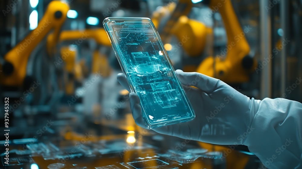 Poster Engineer uses a futuristic transparent smartphone to control robots in a smart factory Smart industry 40 concept : Generative AI