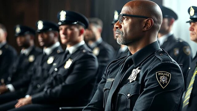 In the midst of a formal committee meeting, a group of distinguished police officers is captured in portrait, their poised presence and polished appearance underscoring their commitment to order and d