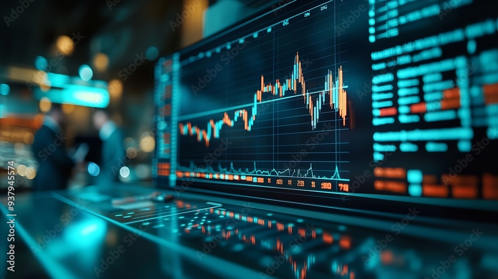 Leinwandbilder Charts group and stock market for man presentation and pointing of stats for growth and sales Boardroom employee and people in meeting for finance increase and multiple exposure of aud : Generative AI