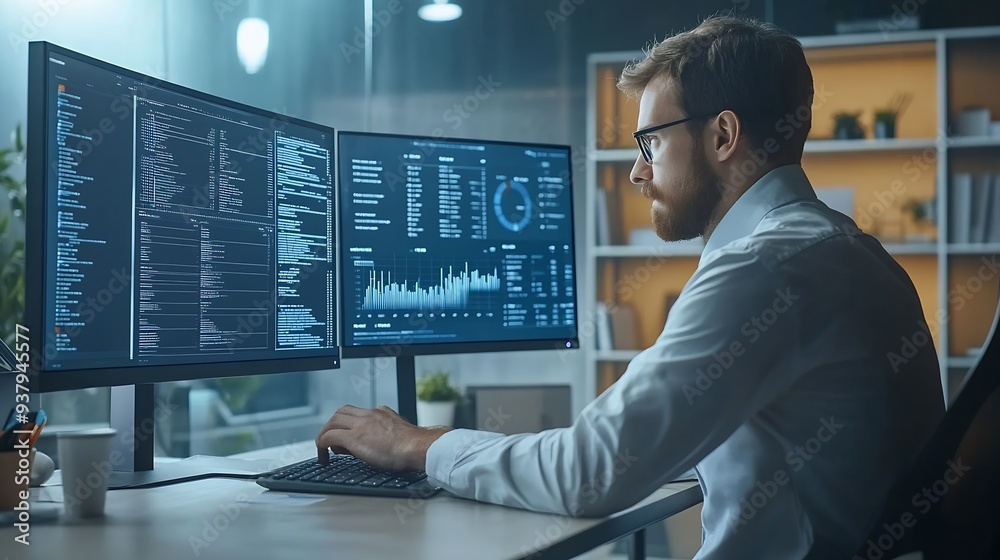 Poster Businessman working with data management system on computer to make report with KPI and metrics connected to database finance operations sales marketing KPI business performance indica : Generative AI