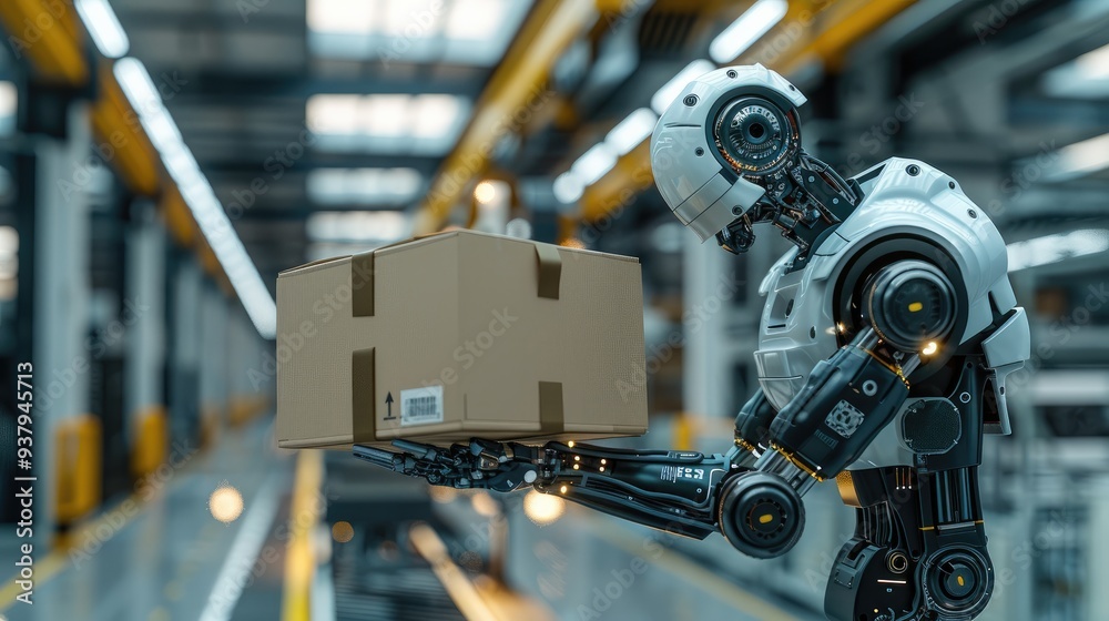 Poster An entirely logistic unloading robot arm holds a box in a hangar. Generative AI.