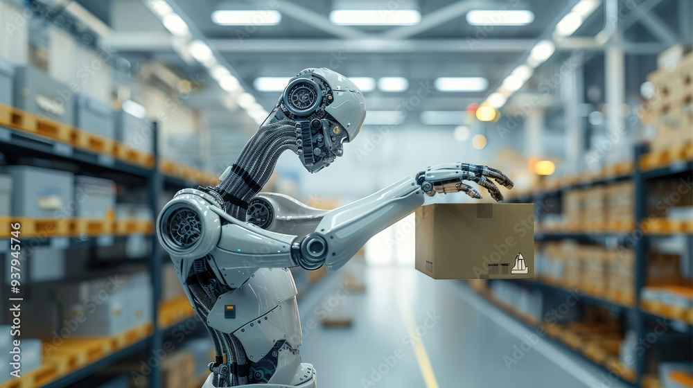 Poster An entirely logistic unloading robot arm holds a box in a hangar. Generative AI.