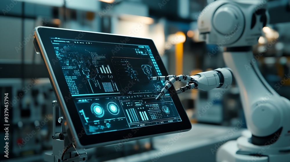 Fototapete Computer and digital tablet for control of robots in a smart factory Smart industry 40 concept : Generative AI